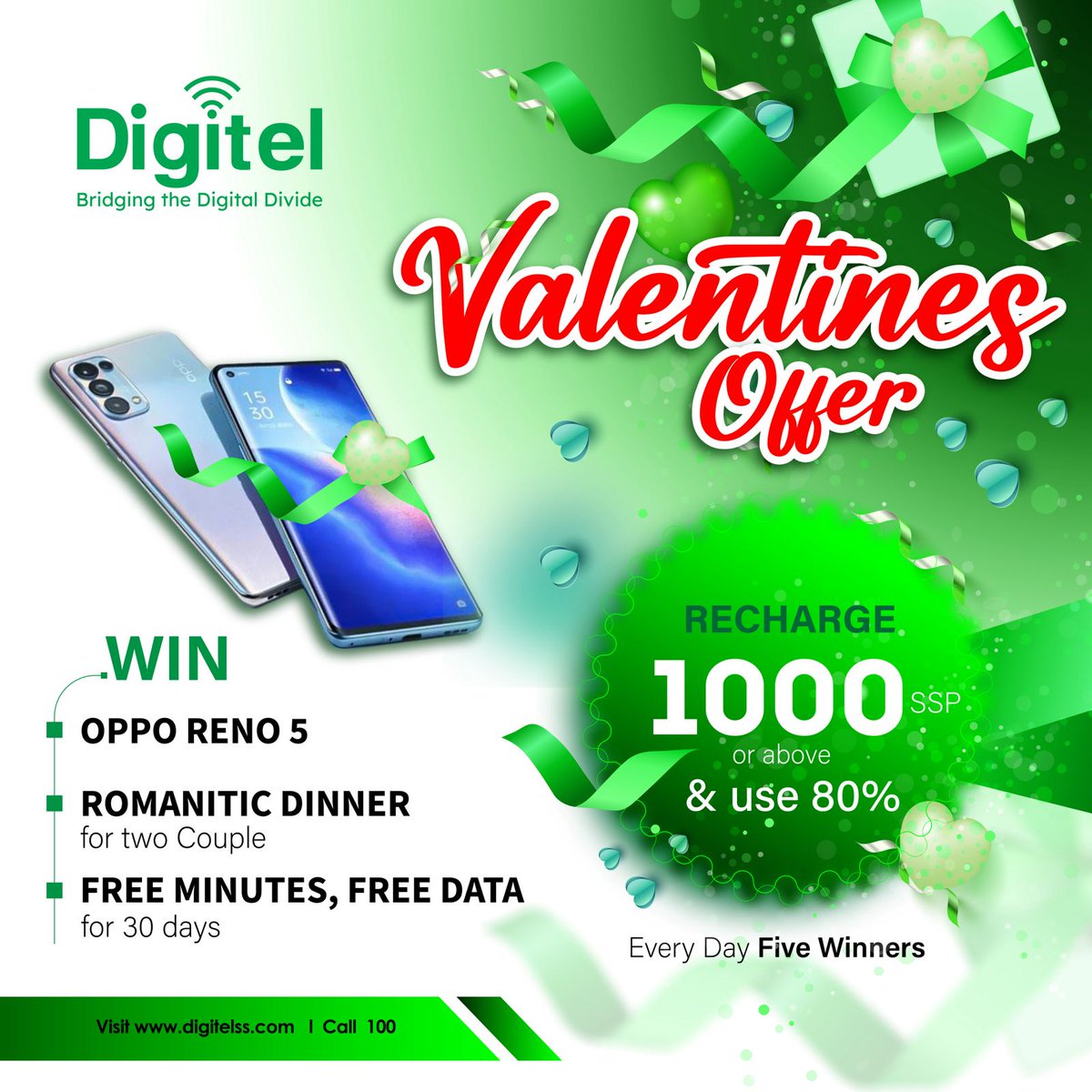 paul_junub's tweet photo. Roses are red, violets are blue, but the love Digitel has for its customers is unmatched.
Free minutes & data , Romantic dinner dates & a smart phone .
Recharge 1000 SSP or more use 80 % of it to enter the draw & possibly win
#BreakingTheDigitalDivide #LoveIsGreen #SSOX https://t.co/nkmmWb7j98