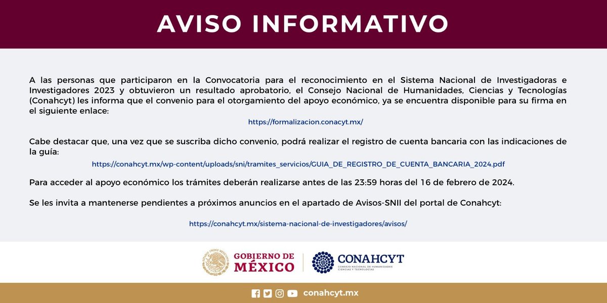 #Aviso SNII | Sobre la Convocatoria para el reconocimiento en el Sistema Nacional de Investigadoras e Investigadores 2023 del Conahcyt. 

Ingresa ➡️ bit.ly/3w8t0hQ
