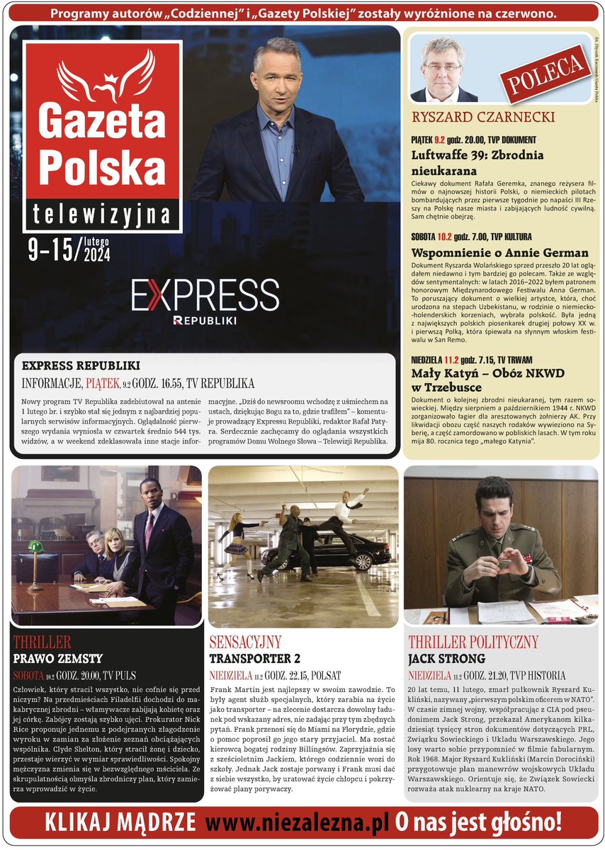 GPCodziennie's tweet photo. Polecamy weekendowe wydanie #GPC w którym znajdziecie dodatek #Niecodzienna #GazetaPolska oraz #ProgramTelewizyjny
Czytaj na » na https://t.co/1HYRtWiDJA
Wspieraj #niezależnemedia » https://t.co/5oUNtNfQBb https://t.co/zoiAxViEFu