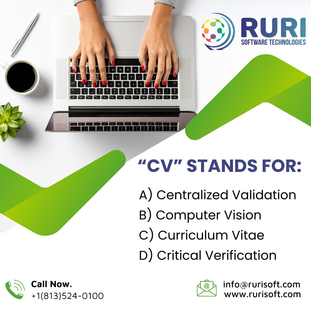 RuriSoftware's tweet photo. In IT staffing, what does the acronym "CV" stand for?
Comment your answer.
#ITStaffing #staffing #itstaffingservices #ITStaffingUSA #ITStaffingFlorida #florida #usaitjobs #floridajobs #RuriSoft #RurisoftwareTechnologies https://t.co/g1pkvnMRQA