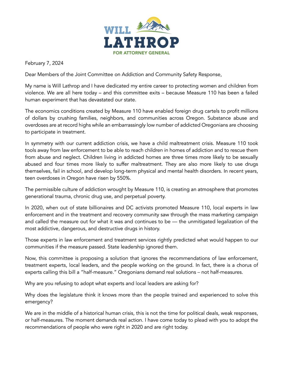 The permissible culture of addiction wrought by #Measure110, is creating an atmosphere that promotes generational trauma, chronic drug use, and perpetual poverty. 

Yesterday, I submitted testimony along with thousands of Oregonians who are demanding real solutions to the