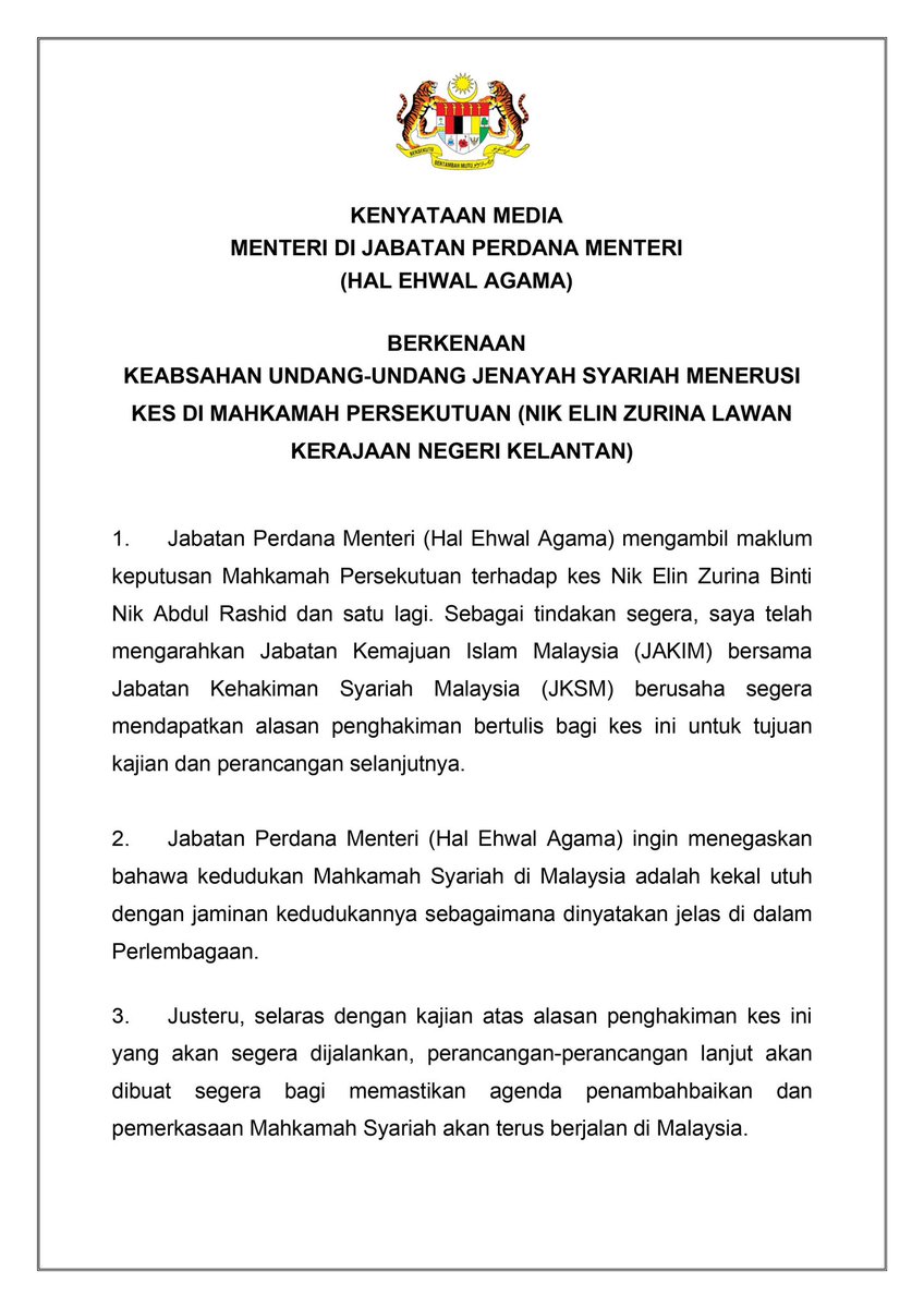 DSDrNaim's tweet photo. KENYATAAN MEDIA
MENTERI DI JABATAN PERDANA MENTERI
(HAL EHWAL AGAMA)
 
BERKENAAN

KEABSAHAN UNDANG-UNDANG JENAYAH SYARIAH MENERUSI KES DI MAHKAMAH PERSEKUTUAN (NIK ELIN ZURINA LAWAN KERAJAAN NEGERI KELANTAN) https://t.co/PtFIwOlp5d