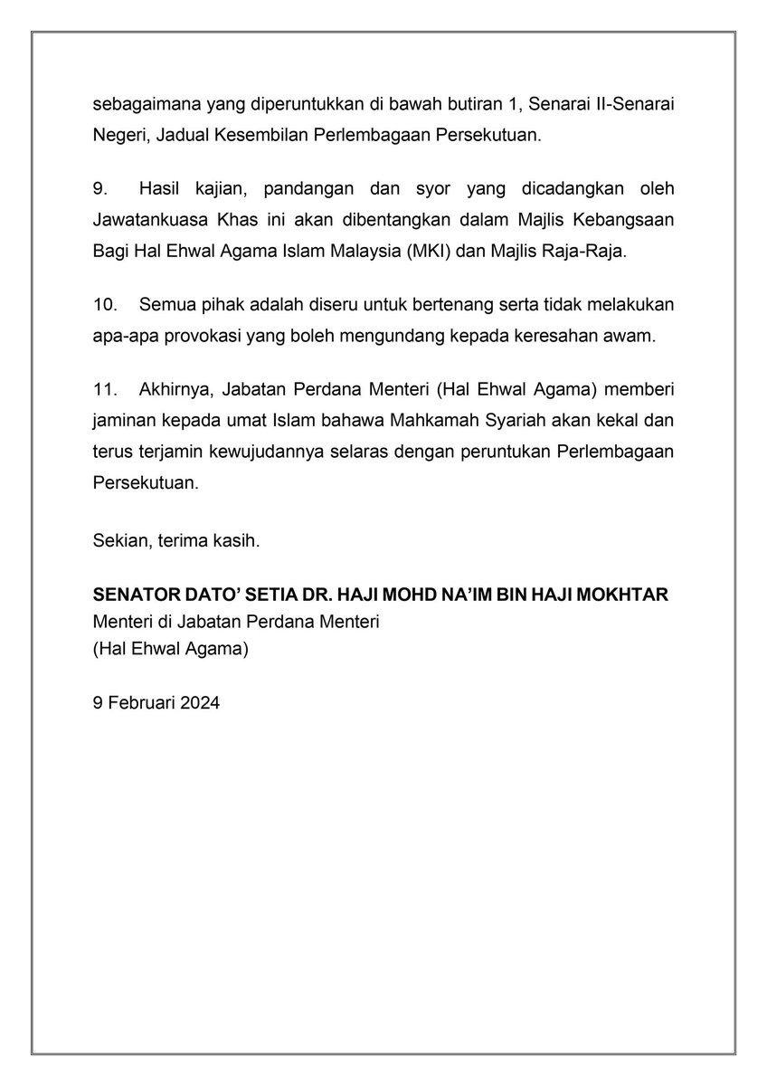DSDrNaim's tweet photo. KENYATAAN MEDIA
MENTERI DI JABATAN PERDANA MENTERI
(HAL EHWAL AGAMA)
 
BERKENAAN

KEABSAHAN UNDANG-UNDANG JENAYAH SYARIAH MENERUSI KES DI MAHKAMAH PERSEKUTUAN (NIK ELIN ZURINA LAWAN KERAJAAN NEGERI KELANTAN) https://t.co/PtFIwOlp5d