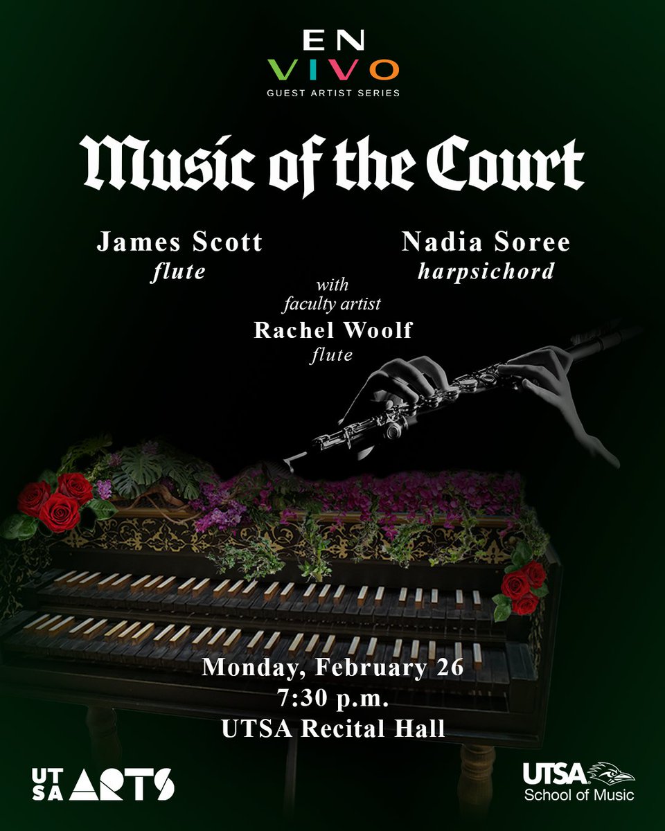 UTSAmusic's tweet photo. We host former Dean of @UNTCoM, James Scott, and harpsichordist Nadia Soree for an all-Baroque concert this month! ๐ถ If you've never heard a harpsichord played live before, this is your chance! #PackTheHall #UTSAMusic ๐ค https://t.co/vTeobTk8Iv