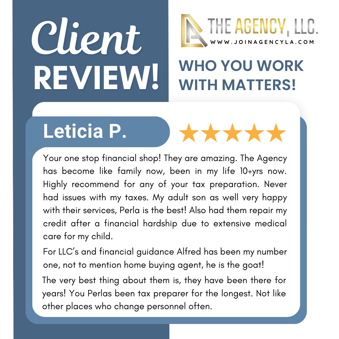 From happy clients to glowing reviews, it's what keeps us going! ⭐⭐⭐⭐⭐

📞 (626) 337-0111
📧 support@joinagencyla.com

#theagencyllc #review #business #feedback #clientreview #yelp #experience #taxes #family #financialguidance #agent