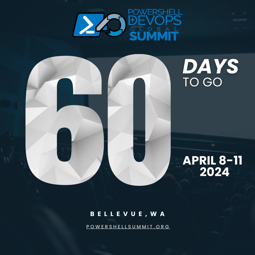 The #PoweShell + DevOps Global Summit is now 60 days away! Tickets are still available at PowerShellSummit.org Don't delay as tickets are limited.