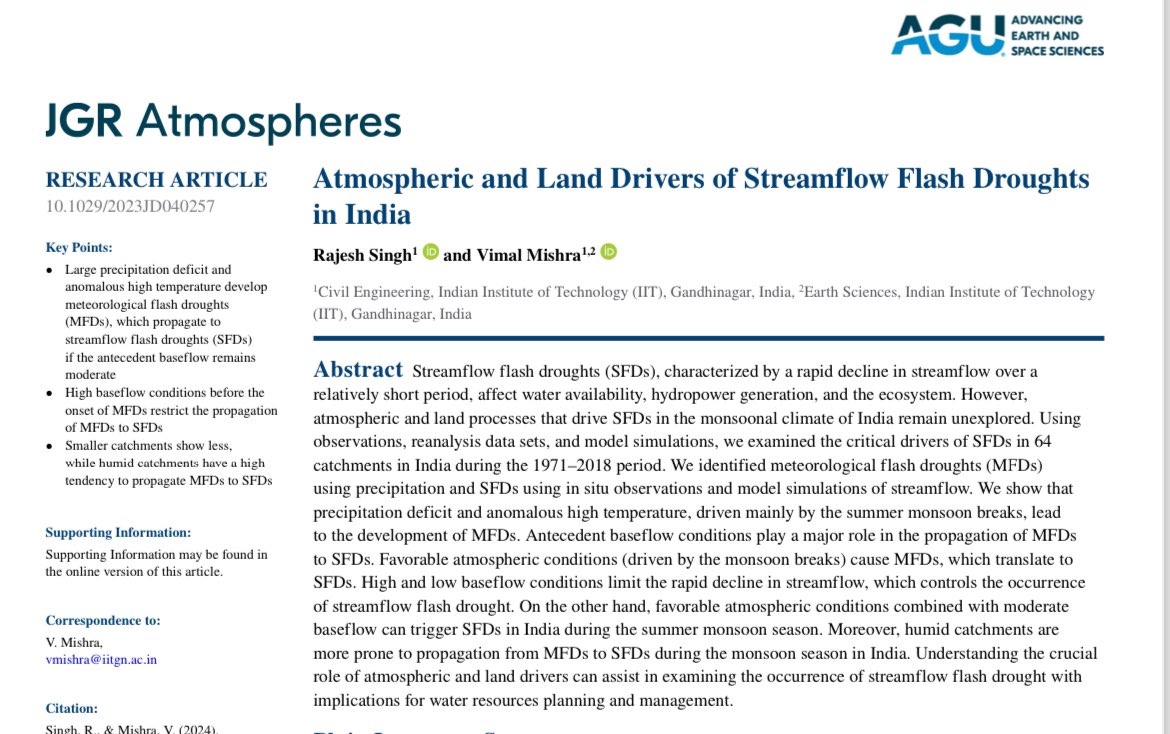 📢 New publication alert: Atmospheric and Land Drivers of Streamflow Flash Droughts in India has appeared in @theAGU (JGR-Atmospheres): agupubs.onlinelibrary.wiley.com/doi/10.1029/20…. Summer monsoon breaks and baseflow are the key drivers. #droughts #flashdroughts
