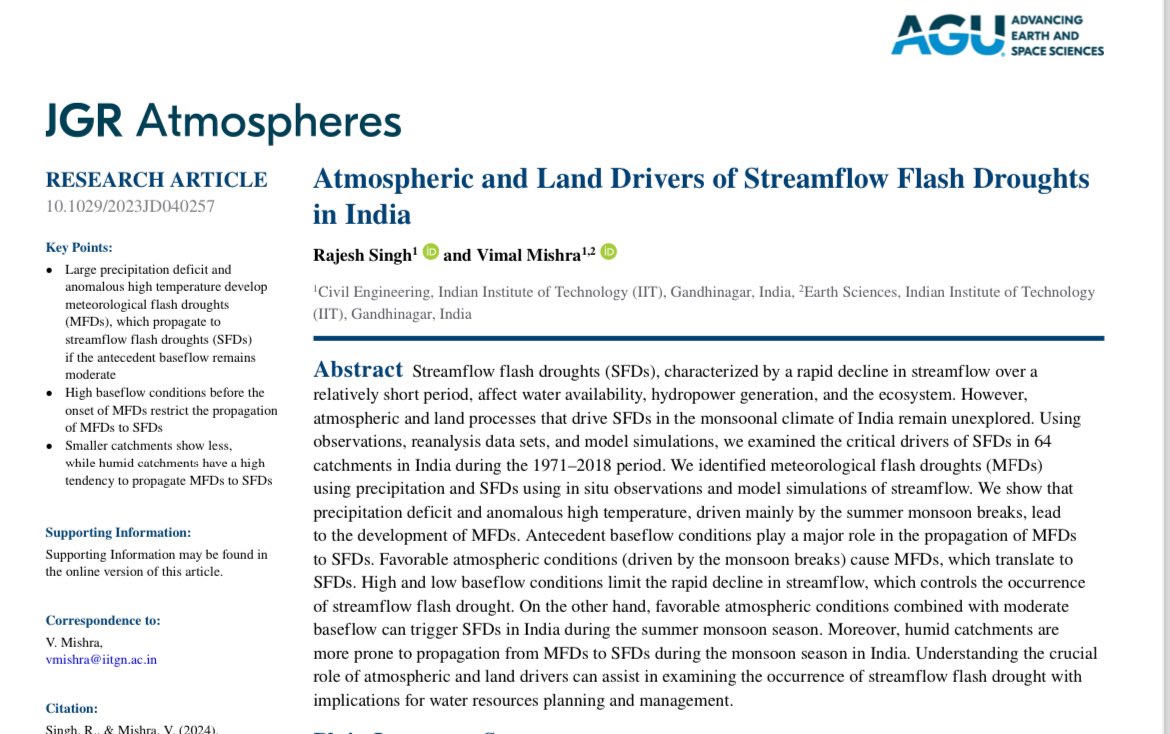 vmishraiit's tweet photo. 📢 New publication alert: Atmospheric and Land Drivers of Streamflow Flash Droughts in India has appeared in @theAGU (JGR-Atmospheres): https://t.co/VMSamygRwg. Summer monsoon breaks and baseflow are the key drivers. #droughts #flashdroughts https://t.co/PXh9sqVf2P