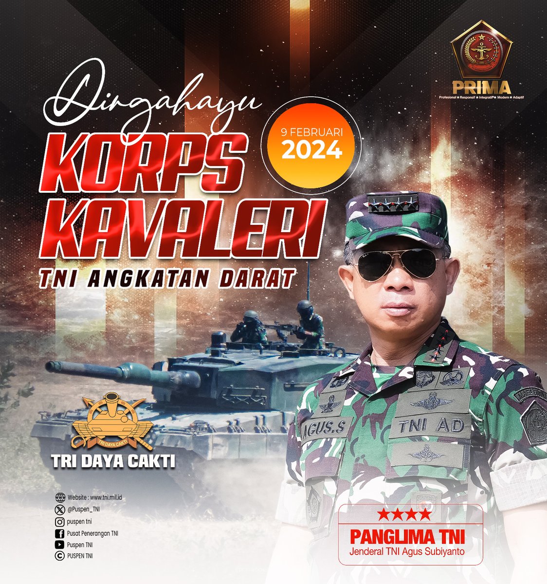 Puspen_TNI's tweet photo. Panglima TNI, Jenderal TNI Agus Subiyanto, mengucapkan:
Dirgahayu Korps Kavaleri TNI AD
9 Februari 2024
#tni
#panglimatni
#dirgahayu
#korpskavaleri
#kavaleri
#puspentni
#tniprima
#profesional
#responsif
#integratif
#modern
#adaptif https://t.co/tqy7DhMu5h