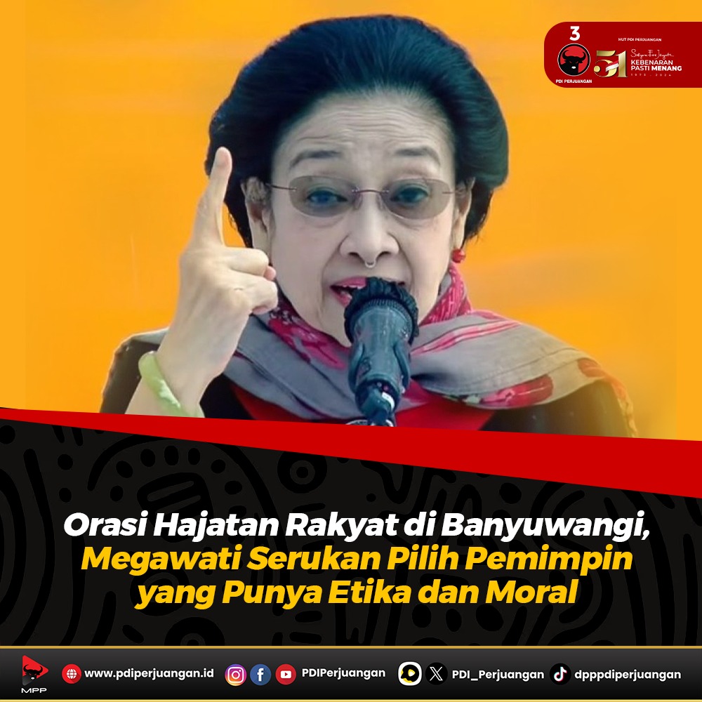 PDI_Perjuangan's tweet photo. Megawati Soekarnoputri menghadiri kampanye terbuka Harapan Jutaan (Hajatan) Rakyat Ganjar-Mahfud di Banyuwangi, Jawa Timur. 

Megawati Soekarnoputri meminta masyarakat untuk memilih pemimpin Indonesia di masa depan yang mumpuni. Pemimpin harus mempunyai etika dan moral. Megawati Soekarnoputri juga mengingatkan warga datang ke TPS pada 14 Februari 2024 dan mengawasi jalannya penghitungan suara.

#PDIPerjuangan
#M3nangkanRakyat
#KebenaranPastiMenang
#SatyamEvaJayate
#GanjarMahfud2024
#MEnangkanGAnjar
#Nomor3Pilihanku