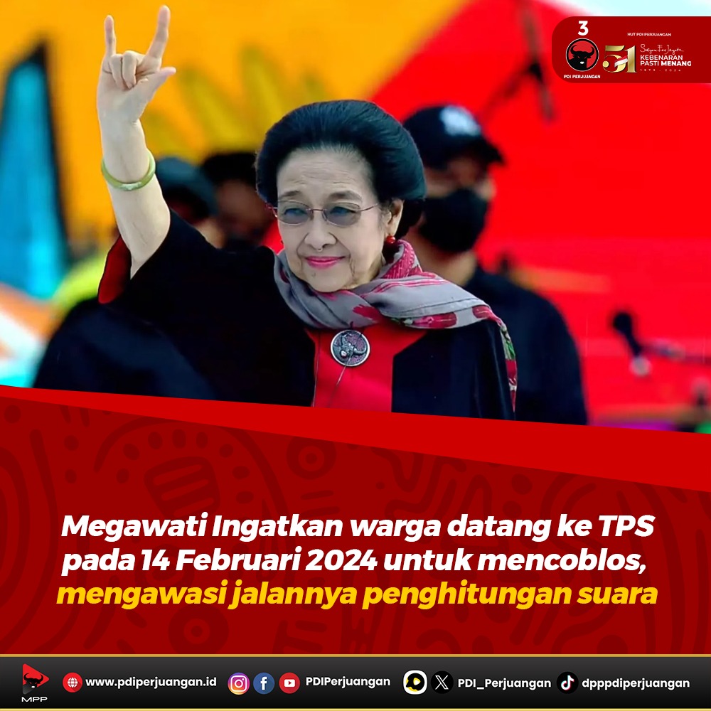 PDI_Perjuangan's tweet photo. Megawati Soekarnoputri menghadiri kampanye terbuka Harapan Jutaan (Hajatan) Rakyat Ganjar-Mahfud di Banyuwangi, Jawa Timur. 

Megawati Soekarnoputri meminta masyarakat untuk memilih pemimpin Indonesia di masa depan yang mumpuni. Pemimpin harus mempunyai etika dan moral. Megawati Soekarnoputri juga mengingatkan warga datang ke TPS pada 14 Februari 2024 dan mengawasi jalannya penghitungan suara.

#PDIPerjuangan
#M3nangkanRakyat
#KebenaranPastiMenang
#SatyamEvaJayate
#GanjarMahfud2024
#MEnangkanGAnjar
#Nomor3Pilihanku
