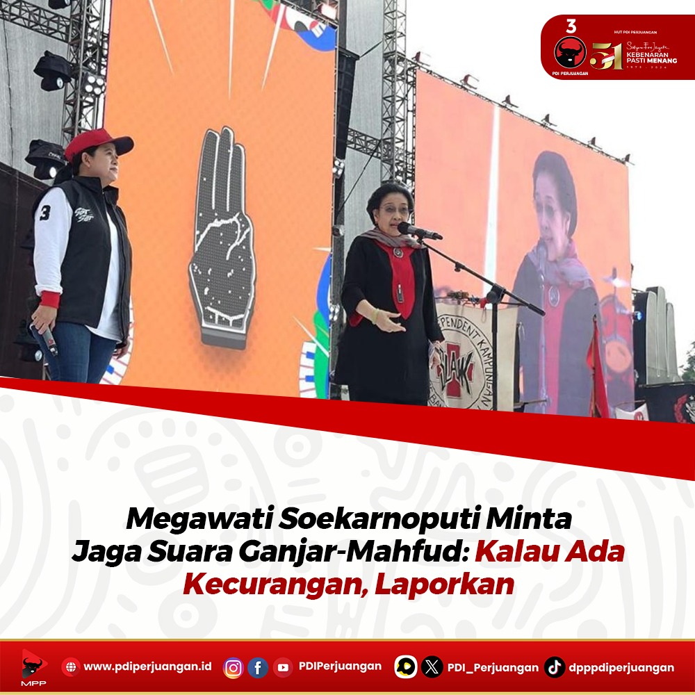 PDI_Perjuangan's tweet photo. Megawati Soekarnoputri menghadiri kampanye terbuka Harapan Jutaan (Hajatan) Rakyat Ganjar-Mahfud di Banyuwangi, Jawa Timur. 

Megawati Soekarnoputri meminta masyarakat untuk memilih pemimpin Indonesia di masa depan yang mumpuni. Pemimpin harus mempunyai etika dan moral. Megawati Soekarnoputri juga mengingatkan warga datang ke TPS pada 14 Februari 2024 dan mengawasi jalannya penghitungan suara.

#PDIPerjuangan
#M3nangkanRakyat
#KebenaranPastiMenang
#SatyamEvaJayate
#GanjarMahfud2024
#MEnangkanGAnjar
#Nomor3Pilihanku