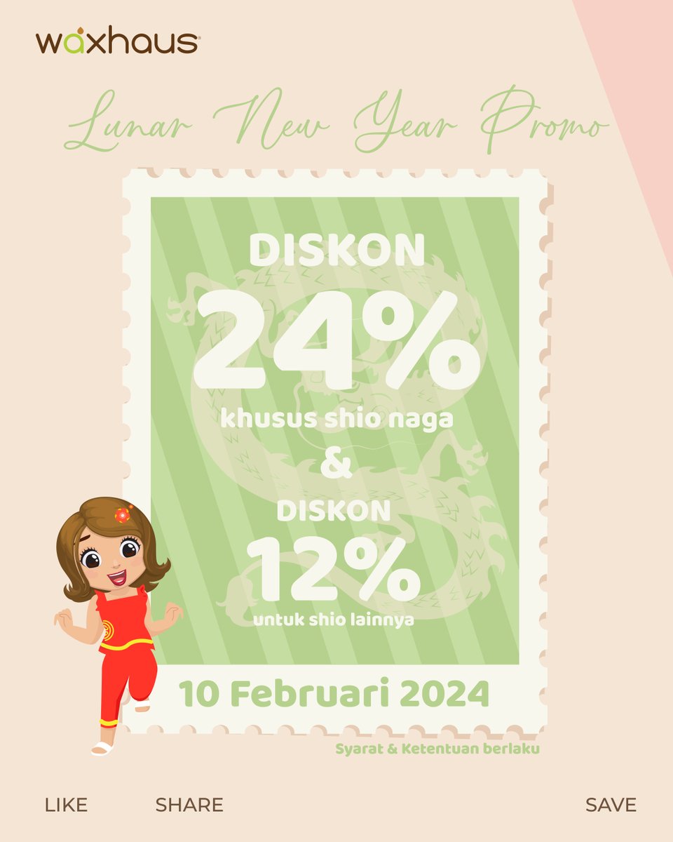 Happy Lunar New Year, besties! 🐉✨ Cuan terus bareng Waxhaus karena ada promo spesial buat kamu Real Bestiesnya Waxhaus 🧧🎉 #AyokeWaxhaus 10 Februari 2024, besties 💫 #LunarNewYear #FunWaxhaus