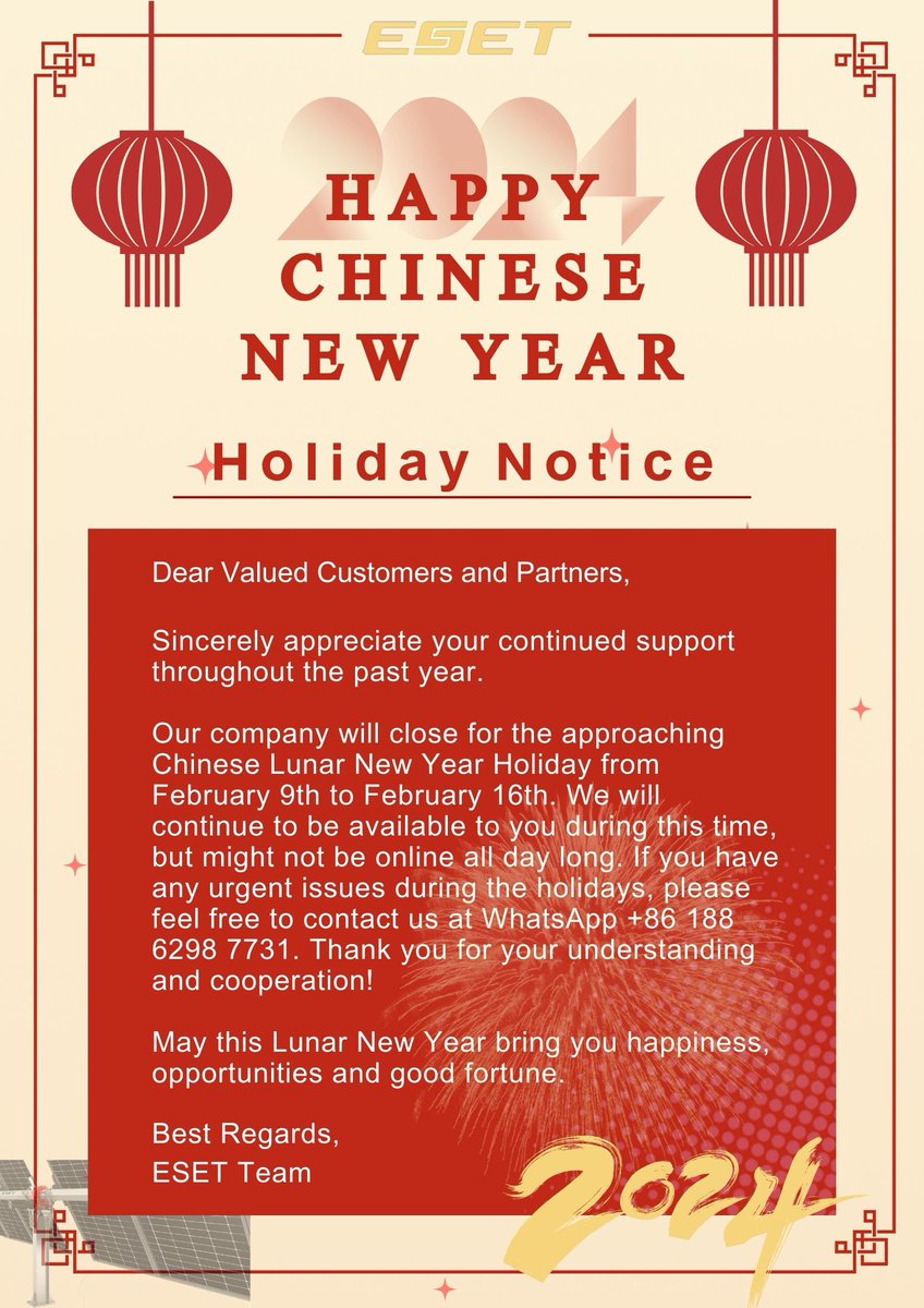 EsetEvershine's tweet image. We will be on vacation from February 9th to February 16th as the Chinese New Year of the Dragon approaches.
But feel free to contact us for any of your #solarmountingsystem and #solartrackingsystem needs and questions. We will be with you all the time.

#solarpower