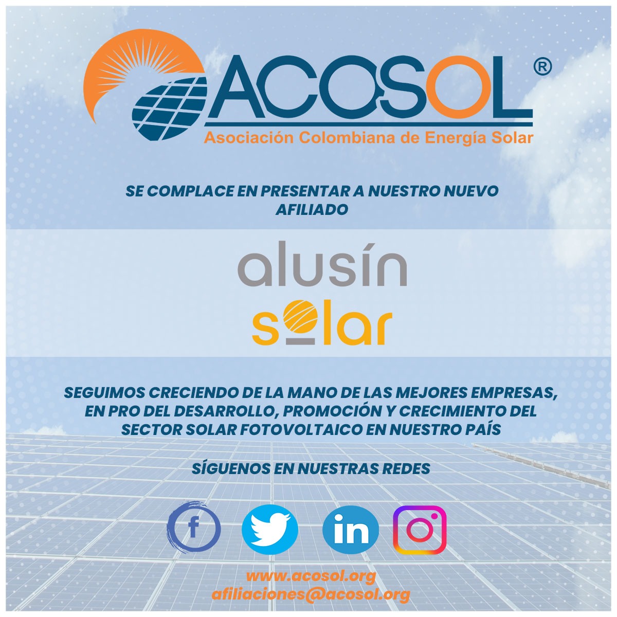 🌞 Bienvenida Alusín Solar a #ACOSOL! Expertos en estructuras para paneles solares desde 2010, ¡juntos hacia un futuro solar más brillante! 🌞💡 #EnergíaSolar #Colaboración
