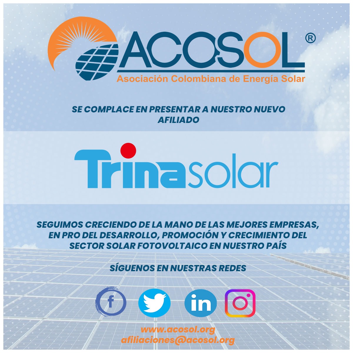 🚀🌞 Bienvenida Trina Solar a #ACOSOL! Líderes en #EnergíaSolar, su innovación y aporte global energizan nuestro compromiso por un planeta sostenible. ¡Hacia un futuro más verde juntos! 💡🌱