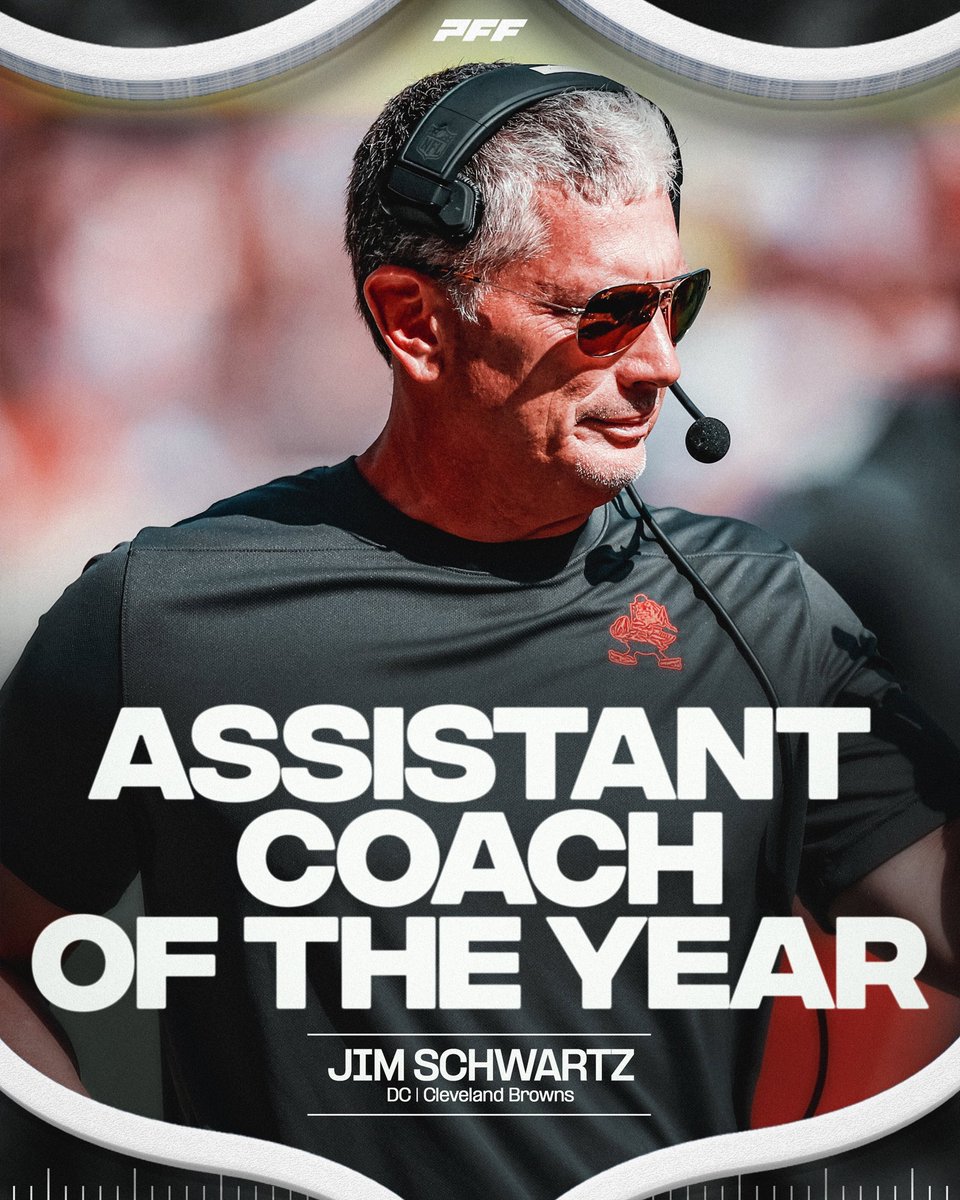 PFF's tweet photo. Browns defensive coordinator Jim Schwartz wins Assistant Coach of the Year 🏆 https://t.co/MzlKUwMew8