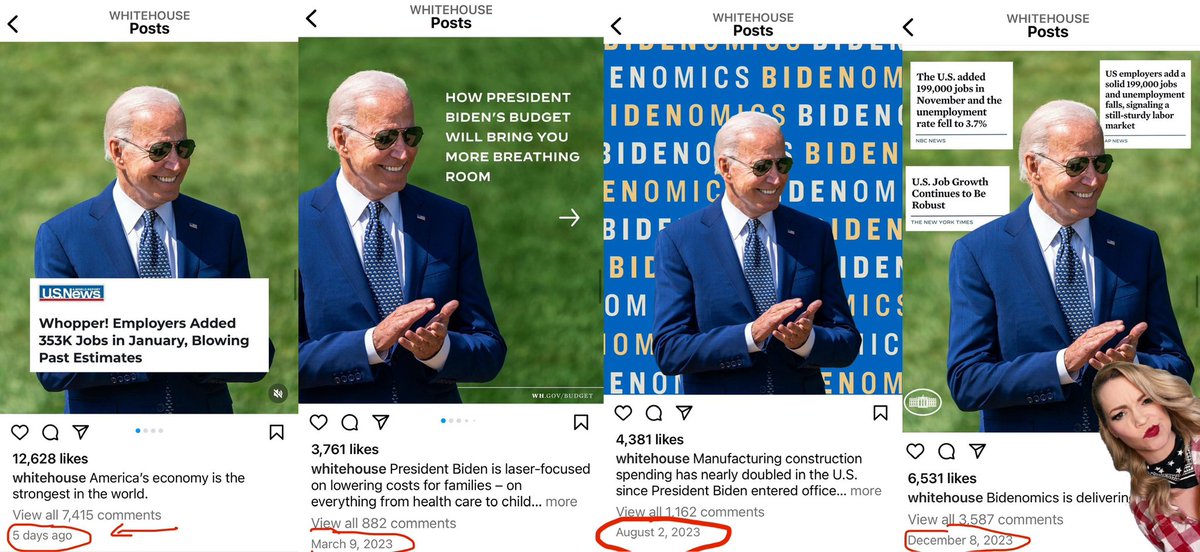 iheartmindy's tweet photo. What in the absolute fake presidency is going on here? 🧐

A thread:

I noticed on the White House's Instagram that they were reusing old photos of Biden, because it was green in every picture when it should be winter in DC.

So I scrolled through their entire Instagram and found that they had been recycling old photos of Biden as if they were new the entire time.

Then I noticed his face doesn't even match his own face in a lot of these pics. Sure the guy had more plastic surgery than Joan Rivers (God rest her soul) but why would his face change back and forth so shockingly from one day to the next? If they're using doubles...don't Americans have a right to know why?

Also, why on earth would he have sunglasses on inside of a building as he's supposedly signing something? 

And if Biden is too "feeble minded" to be held accountable for committing the same crime they just tried to nail Trump with... then what the hell is he doing in a position of power anyway? 

This dusty old corpse could have died in obscurity as just another run of the mill corrupt politician...but they are making this creepy kid sniffer fall on this destructive, anti-American radical globalist sword and it shows. No wonder no other Dem is even vying for his position, no one wants to go down in history for what he's about to.

And why are they still hiding him from the public? Biden just came to Las Vegas to "campaign" and absolutely nobody was allowed to see him minus a few couple dozen pre-selected, pre-screened people. They wouldn't even say where he'd be...Trump was just here and anyone that waited in line could have seen him at his publicly announced-in-advance rally. 

Biden also had 5 doctors with him according to my local sources here, and they covered up the security cameras at Caesar's so no one could see what they were doing with him. Is he that sick and weak he needs 5 doctors to tend to him? What are they giving him?

That's on top of him recently: 

• Not being able to remember when he was VP.

• Not being able remember neither when nor how his son died.

• The fact he can't walk up or down a flight of stairs.

• The fact he doesn't make sense most of the time he talks...even with a freaking teleprompter.

• That he never answers real questions from the public or press.

• That he has shamelessly and I mean SHAMELESSLY sold America out for foreign interest at every possible turn.

• That he's refusing to secure the border and fighting the States in every way about it...while simultaneously financially incentivizing people to jump the border on the tax payer's dime.

• That no one was allowed anywhere near his inauguration for the "most popular president of all time" and they had no problem using razor wire to keep people away then.

• His botched Afghanistan pull out that cost lives and handed billions over to Islamic terrorists should have been an impeachable offense as "commander in chief" and yet no action was ever taken against anybody.

• This illegitimate regime has been persecuting patriots, pro-lifers, and election protesters into the ground...but can't seem to find the pipe bomber or stop any of these previously known to authorities mass shooters.

• The White House account has been posting not stop "pro-Bidenomics" BS like the economy is doing great...but they never EVER post any kind of proof that the numbers they're quoting are correct, because they're not...they're literally just lying and running with it. 

• They called us "conspiracy theorists" for pointing out they were using a fake Oval Office set...only to admit they actually were a few months later when the press leaked the pictures.

...but yet this delirious, feeble crypt keeper looking SOB has allowed access to our nuclear codes?🧐 

Is anybody going to stop this crazy train?