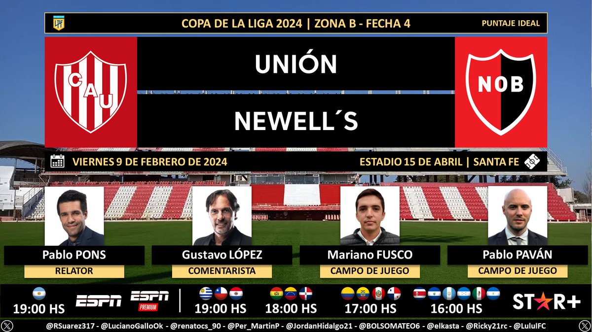 ⚽ #CopaDeLaLiga 🇦🇷 | #Unión vs. #Newells 🎙 Relator: Pablo Pons (@pablobari) 🎙 Comentarista: @gustavohlopez 🎙 Campo de juego: @MarianoFusco2 y @pablitopavan 📺 ESPN - ESPN Premium 🇦🇷 💻📱 @StarPlusLA LatAm (❌🇦🇷) 🤳 #ESPNPremium - #ESPNenStarPlus - #PackFútbol Dale RT 🔃