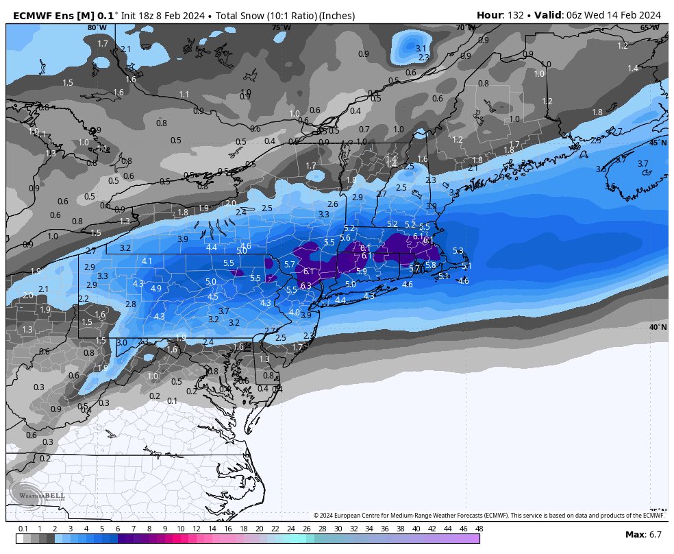 18z Euro ensemble mean looking good for snow - if it doesn’t move. Lol. 

60%+ chance for 3”+ / 40%+ chance for 6”+ for most of SNE…. That’s a strong signal this far out. 

But of course expect changes.