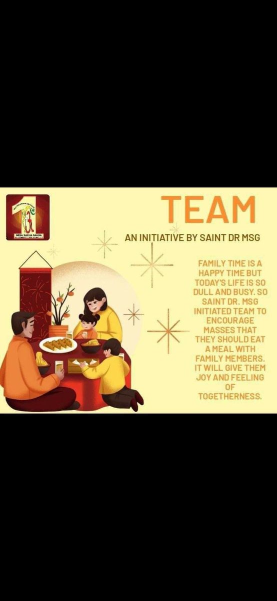 Neettuu's tweet photo. In Today's modern time everyone is busy in their work no one has time to spend with their family members. Dera Sacha Sauda followers do meal together all family members atleast one day in a week  under TEAM Campaign under the inspiration of Saint MSG Insan.
#FamilyTime
#TEAM https://t.co/qgGmoHPwkc
