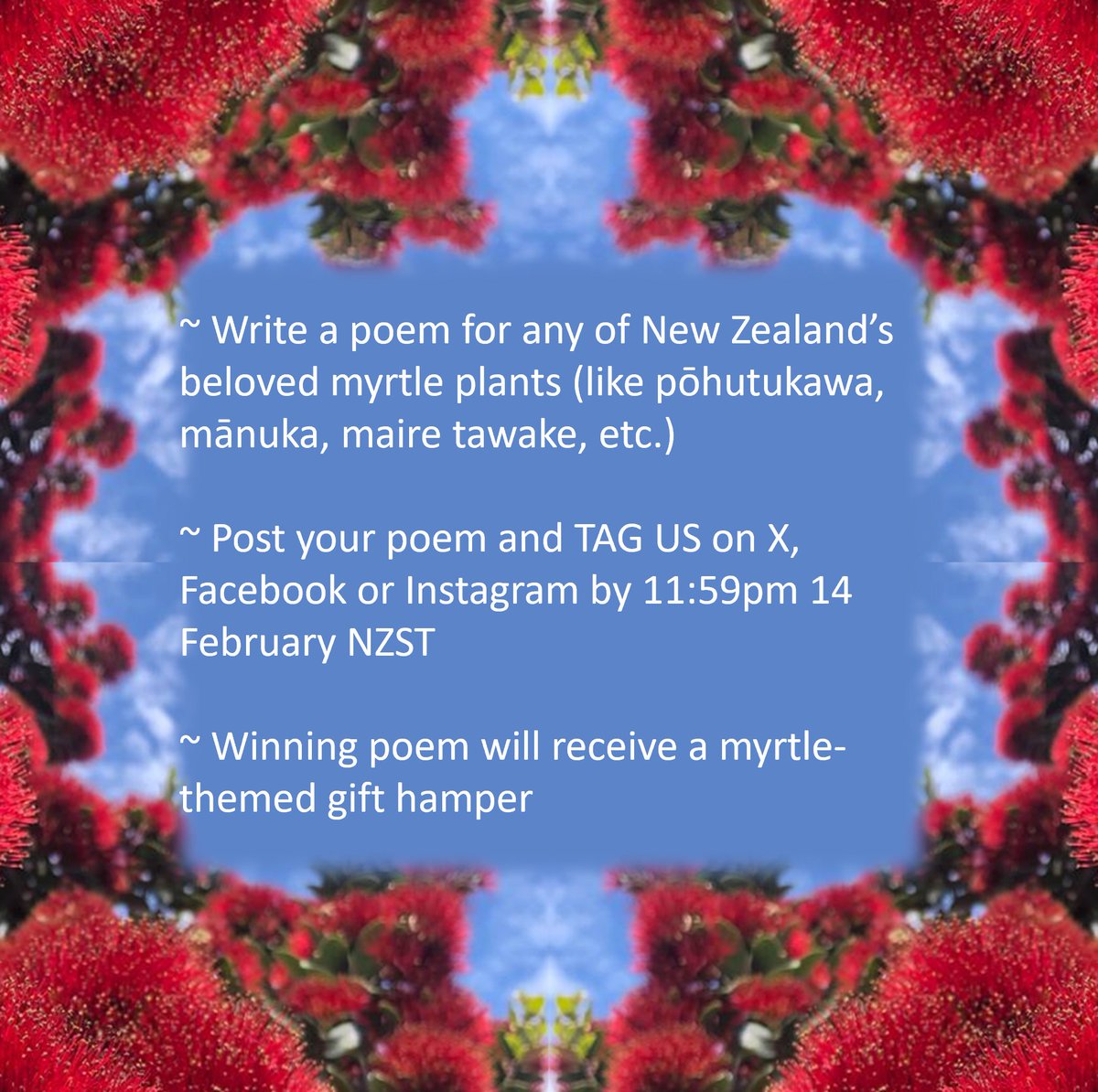 Beyond Myrtle Rust (@byondmyrtlerust) on Twitter photo Are you up for a nature poetry competition? 🖋️🌿We’re asking our followers to write a poem about any of New Zealand's beloved native myrtle plants. The winner will receive a myrtle-themed gift hamper!
~Submit by 14 Feb
~Details in the thread Are you up for a nature poetry competition? 🖋️🌿We’re asking our followers to write a poem about any of New Zealand's beloved native myrtle plants. The winner will receive a myrtle-themed gift hamper!
~Submit by 14 Feb
~Details in the thread