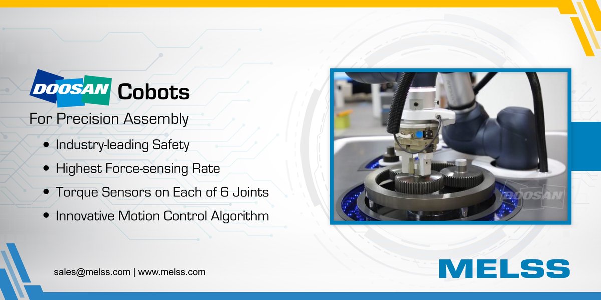 melssindia's tweet image. While regular robots rely on the force sensing capability of the tools, #Doosan cobots utilize the built-in torque sensors installed. These cobots from #DoosanRobotics use an innovative motion control algorithm to perform precision assembly tasks quickly &amp;amp;safely.