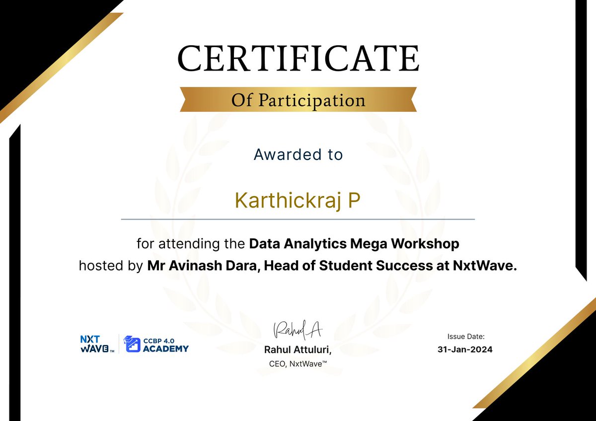 karthickraj29's tweet image. I had a great time attending the Data Analytics Mega Workshop by Mr Avinash Dara from NxtWave😊 He is an amazing mentor and taught us many useful skills and techniques🙌 I&apos;m proud to share my certificate of completion with you all🎉 #dataanalytics #nxtwave #workshop @nxtwave_tech
