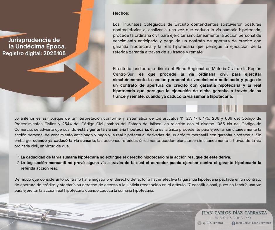 JCDCarranza's tweet photo. PROCEDE VÍA ORDINARIA CIVIL CUANDO YA CADUCÓ LA SUMARIA

📌En un cto. de apertura de crédito con garantía hipotecaria.

El 2 de feb. del ‘24, se publicó jurisprudencia en materia civil por contradicción de criterios, resolviendo:

✅Procede vía ordinaria civil para ejercitar

1/2 https://t.co/lG6LBvTa4W