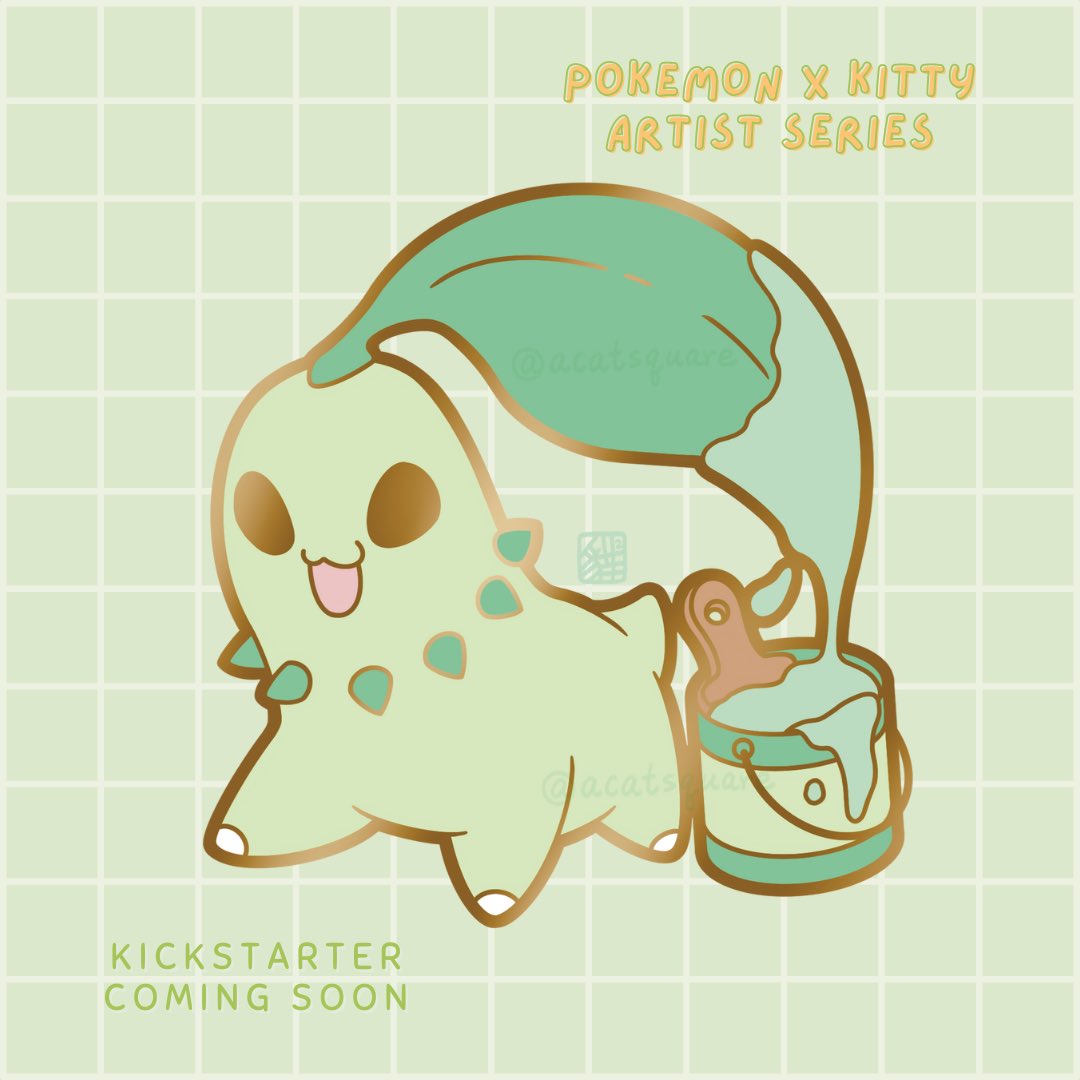 ✨✨Pokemon x Kitty Artist Series✨✨
🚨New Enamel Pin Design🚨

Leafy Green pals are here! 💚🍃

Chikorita paint + Green Kitty Paint