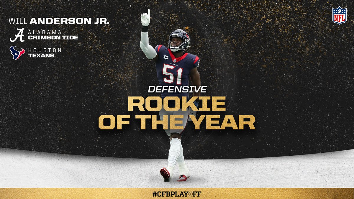 A 2021 #CFBPlayoff national champion now completes the @HoustonTexans' sweep of the @NFL's 2023-24 Rookie of the Year awards. Congratulations to @AlabamaFTBL DE Will Anderson Jr (@will_anderson28)! #NFLHonors