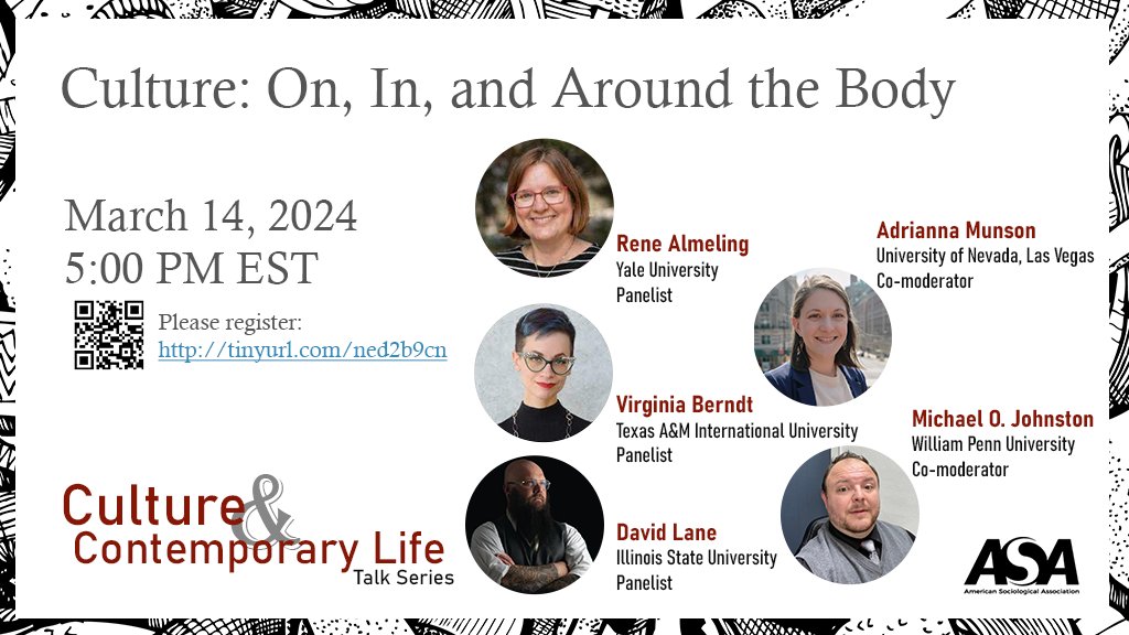 ProfessorJohnst's tweet photo. Join us for the #Culture &amp; #ContemporaryLife #TalkSeries - Culture: On, In, and Around the #Body - Panelists: @ralmeling, @vkberndt, and Dave Lane - Moderators: @ProfessorJohnst and @ABagnallMunson
- NEW REGISTRATION FORM - @YaleSoc, @ASAnews, @ASACulture, @WilliamPennU https://t.co/sI4DJuvP6m