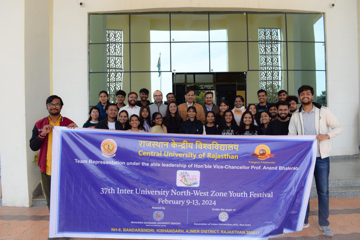 CURajasthan's tweet photo. Best of luck to the amazing students of C U Raj representing at the 37th Inter University North West Zone Youth Festival from Feb 9th to 13th at MDS Rohtak. Show your spirit &amp; shine bright! 
Prof Anand Bhalerao 
Vice Chancellor 
@OfficialMdu @rashtrapatibhvn @KalrajMishra #youth https://t.co/vofCuXyGIs