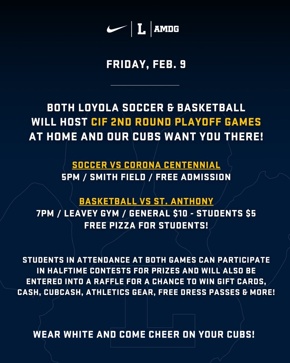 𝐏𝐋𝐀𝐘𝐎𝐅𝐅 𝐃𝐎𝐔𝐁𝐋𝐄𝐇𝐄𝐀𝐃𝐄𝐑 • We’re hosting a big pair of CIF playoff games tomorrow night! • @LoyolaSoccer at 5PM ⚽️ • @LoyolaBB at 7PM 🏀 Come out and support! #GoCubs