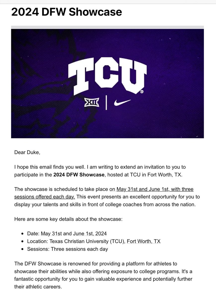 Thank you @CoachSonnyDykes for the personal invite to attend @TCUFootball showcase this summer. I am excited to compete and learn from the coaches. @TheUCReport @UTRScouting @On3sports @dhglover @ShaniceTyria1 @youareathlete @WHSFBRecruiting @WakelandFTball @EJHollandOn3…