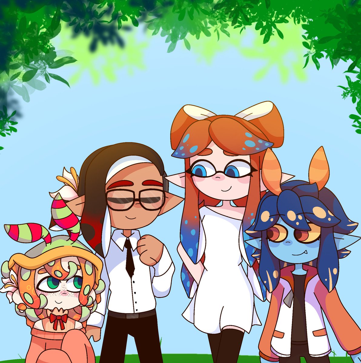 APeonySeapie's tweet image. Maxxflow month: Day 8

&quot;Double date&quot;

With special guests! @MonikaCinnyRoll and @_Atimus_ 
I decided to design separate outfits for them for fun 
I really like the white dress and jacket XD 

#DJSeaflow #Splatoon #Maxxflow