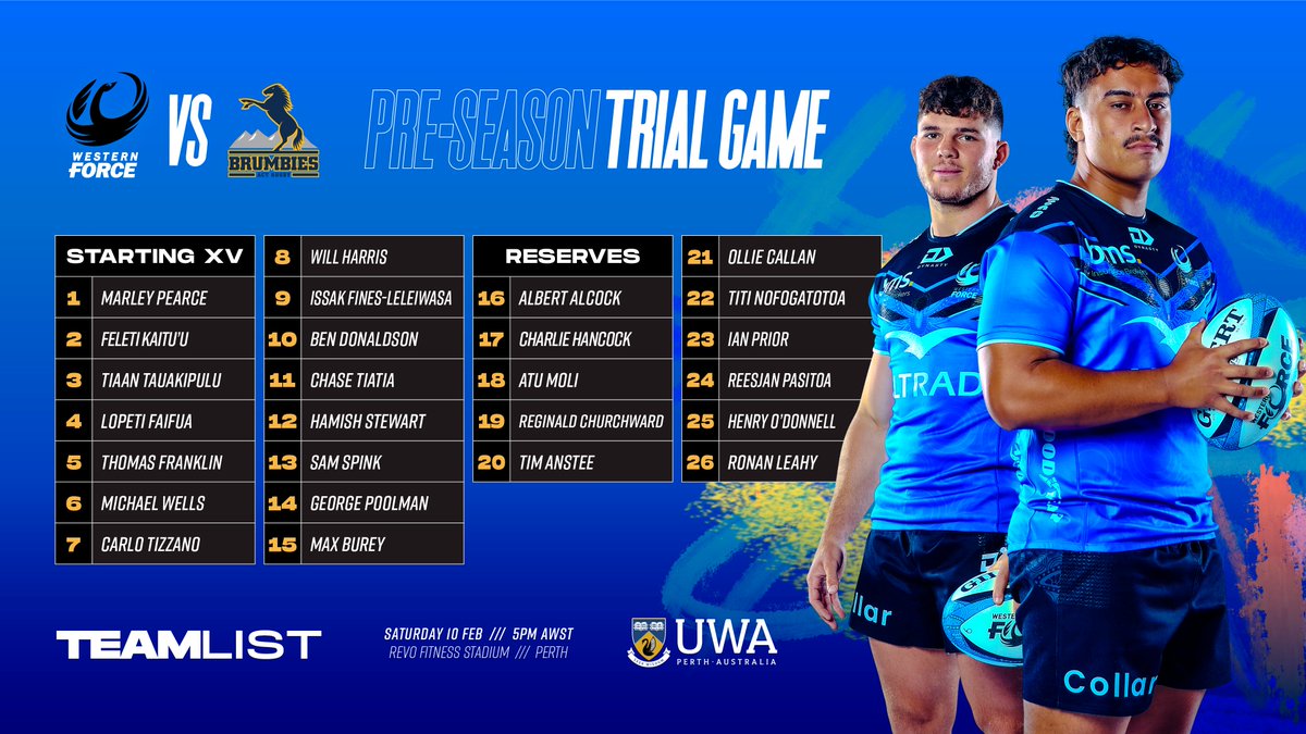 westernforce's tweet photo. 💪 Our team list has dropped, with a few changes for tomorrow's pre-season trial game vs the Brumbies
Don't forget it's FREE ENTRY & our Fan Day from 4pm 🥳
Get Crono's take on the team list below 👉👉 https://t.co/8R5ZxyyAcK
@uwanews #teamlist @SuperRugby https://t.co/tBUx6baC2M