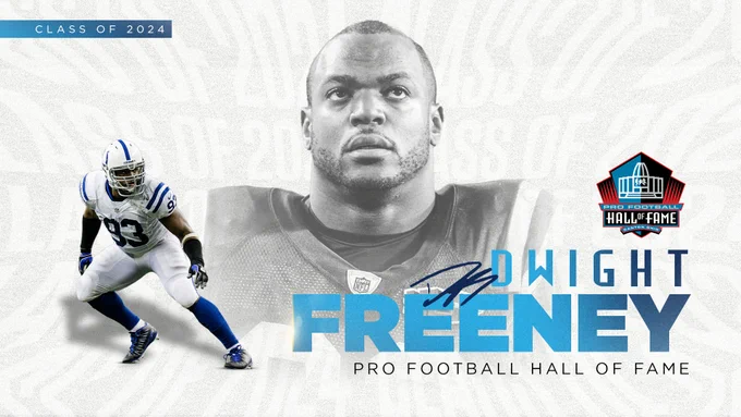 Graphic introducing Dwight Freeney as a member of the Pro Football Hall of Fame's Class of 2024.