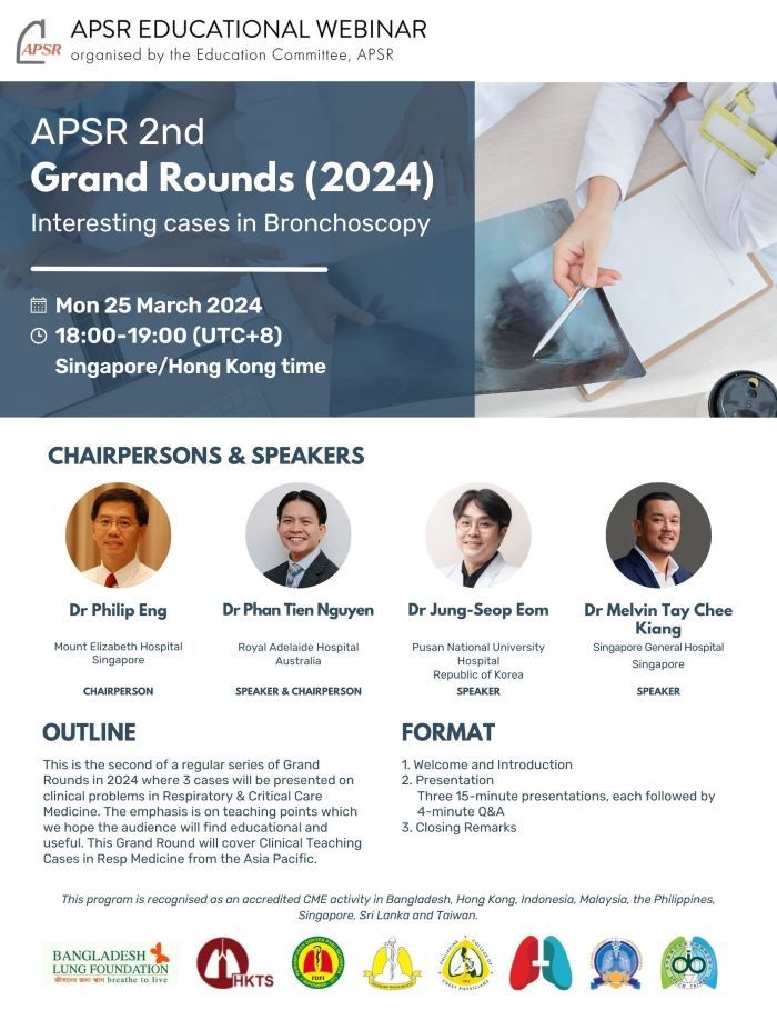 APSR webinar for the APSR members💻 APSR 2nd Grand Rounds Mon 25 Mar 2024 18:00 - 19:00 (UTC+8) This program is recognised as an accredited CME activity in Bangladesh, Hong Kong, Indonesia, Malaysia, the Philippines, Singapore, Sri Lanka and Taiwan. webinar.apsr.info/webinar-202403…