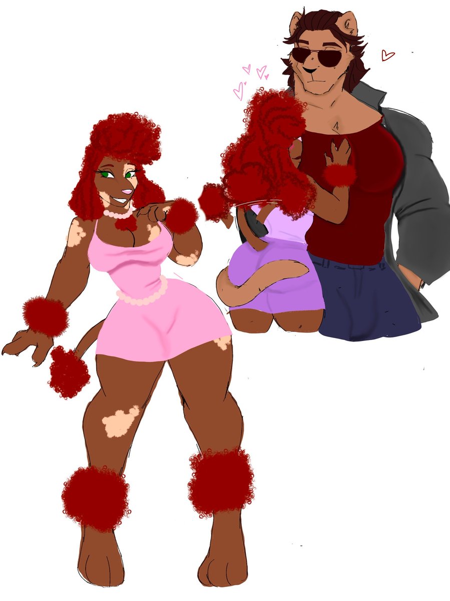 NikkiPen1's tweet photo. So..my friend made a suggestion 🫣
 used their regular skin tones. Roxannes a poodle and Miguel's a panther. (I know he looks like a lion--)

#spidersona #MiguelOHara #ocxcanon #anthroart https://t.co/qahqxaWHDM