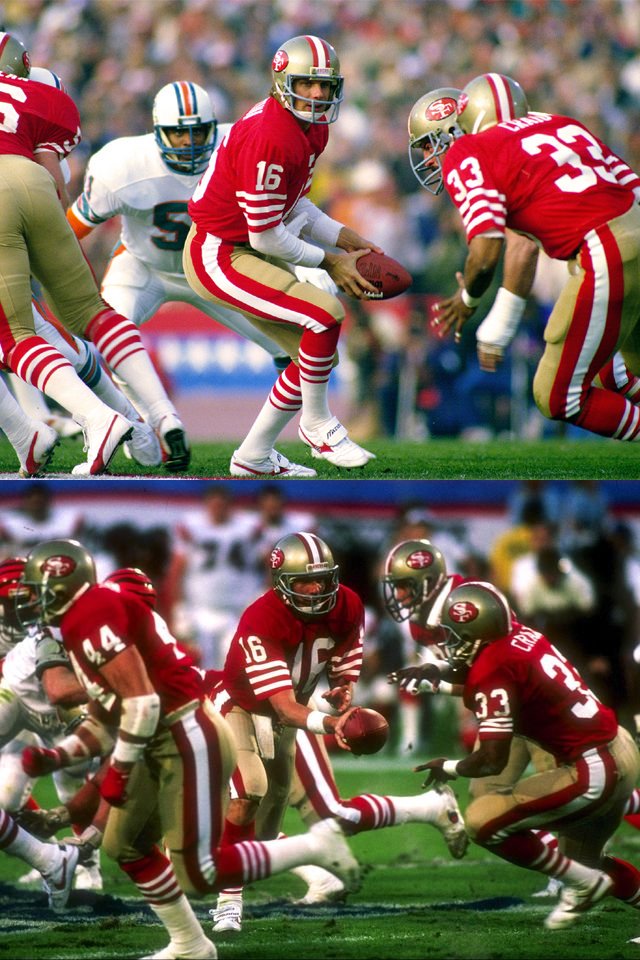Random49ers's tweet photo. #49ers QB Joe Montana wore his #SuperBowl XIX jersey for #SuperBowl XXIII.

Instead of wearing his current jersey (thinner sleeve stripes, serif type on nameplate), he wore the jersey from his second Super Bowl per suggestion of his wife for good luck. 

#Random49ers #FTTB https://t.co/ezVve7knUh