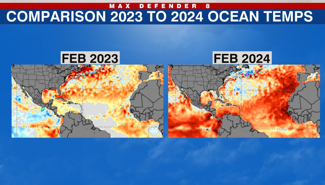 With news that a La Nina Watch has been issued for the Pacific, let's check the Atlantic to see how this year's sea surface temps compare to last years at this time. Welp, that's not good.