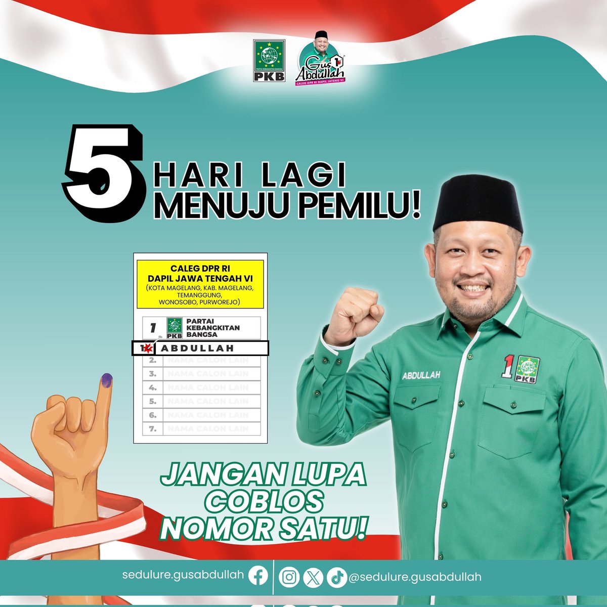 [H-5 Menuju Pemilu]

Halo sedulur! Pemilu Raya sudah semakin dekat nih. Tidak terasa tanggal 14 Februari tinggal 5 hari lagi. Jangan lupa datang ke TPS. Coblos Nomor 1, Gus Abdullah, Caleg dari PKB untuk DPR RI Dapil VI Jawa Tengah.

#pkb #Pemilu2024 #PemiluDamai #Pemilu
