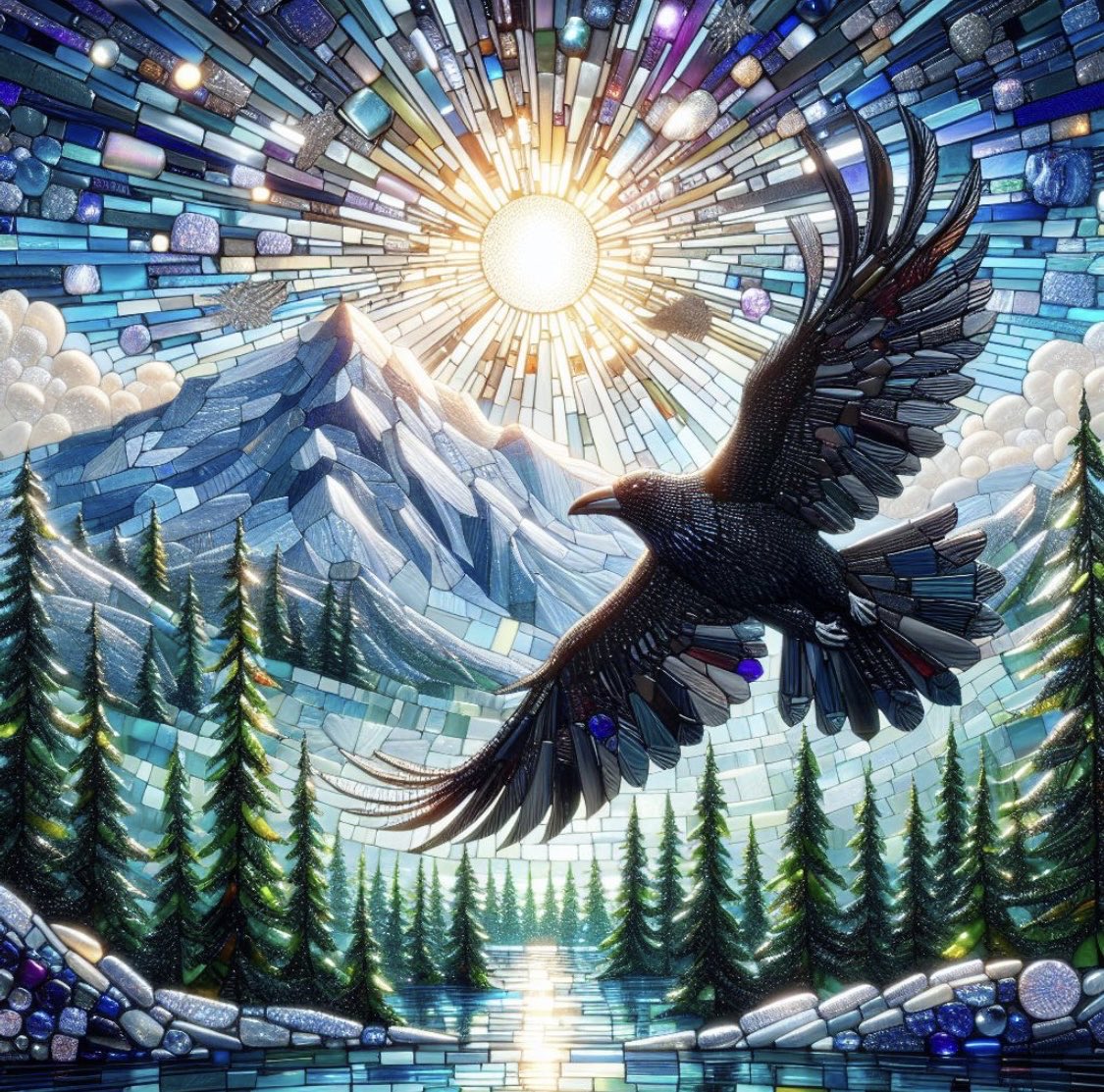 Ainskyai's tweet photo. I’m completely enamored with the amazing glass mosaic prompt by ⁦@AllaAisling⁩

🐦‍⬛🏔️

#AIartistcommunity #Get_StarryAI #ainksyai #DALLE3 #aiartcommunity  #digitalart #aiartist https://t.co/olL7DMzWrn