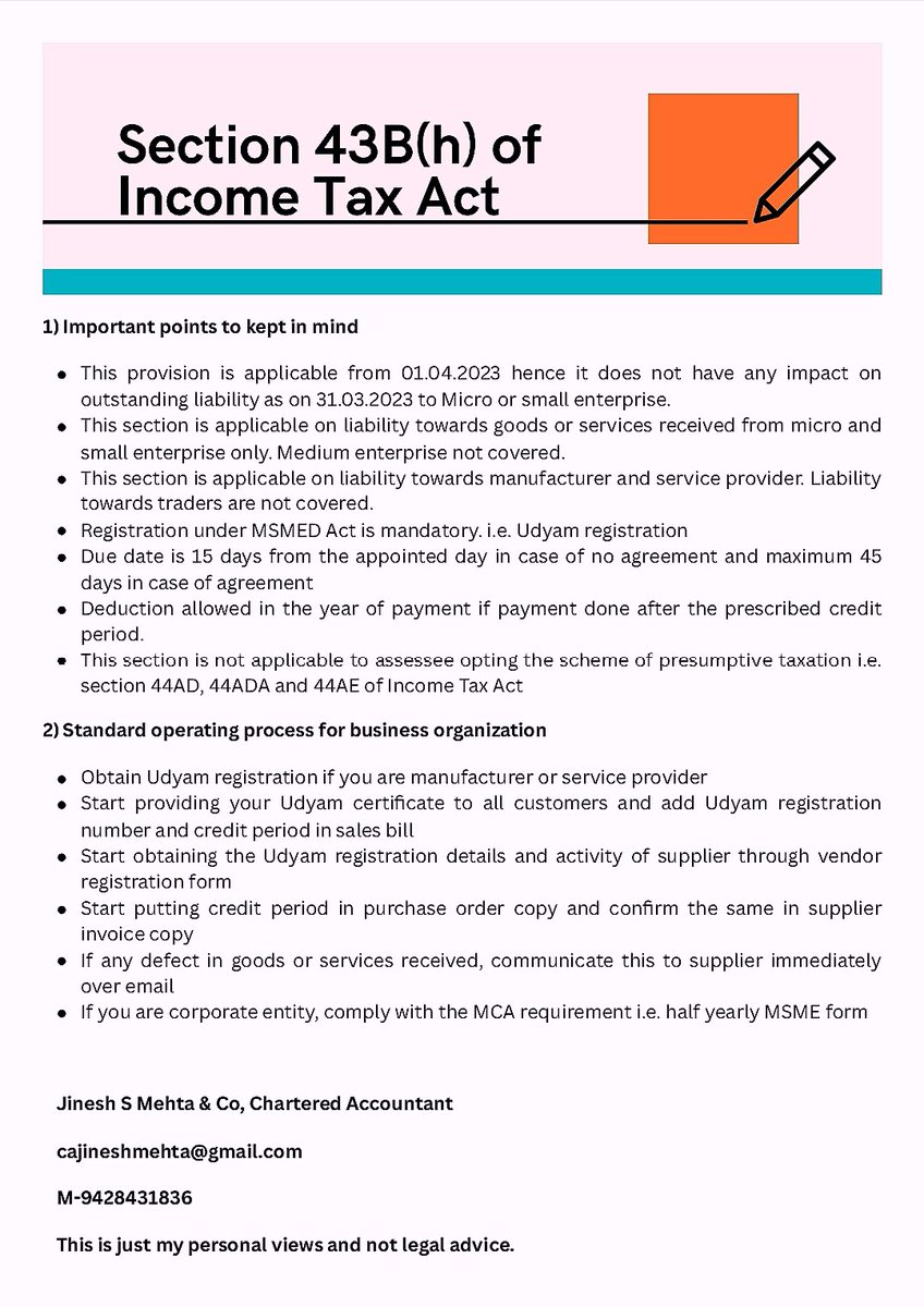 CAJineshMehta's tweet photo. Section 43B(h) of Income Tax Act
Important points and SOP for business organisations
#MSME #incomerax #Startup #sop #section43B https://t.co/NTwQyRemhZ