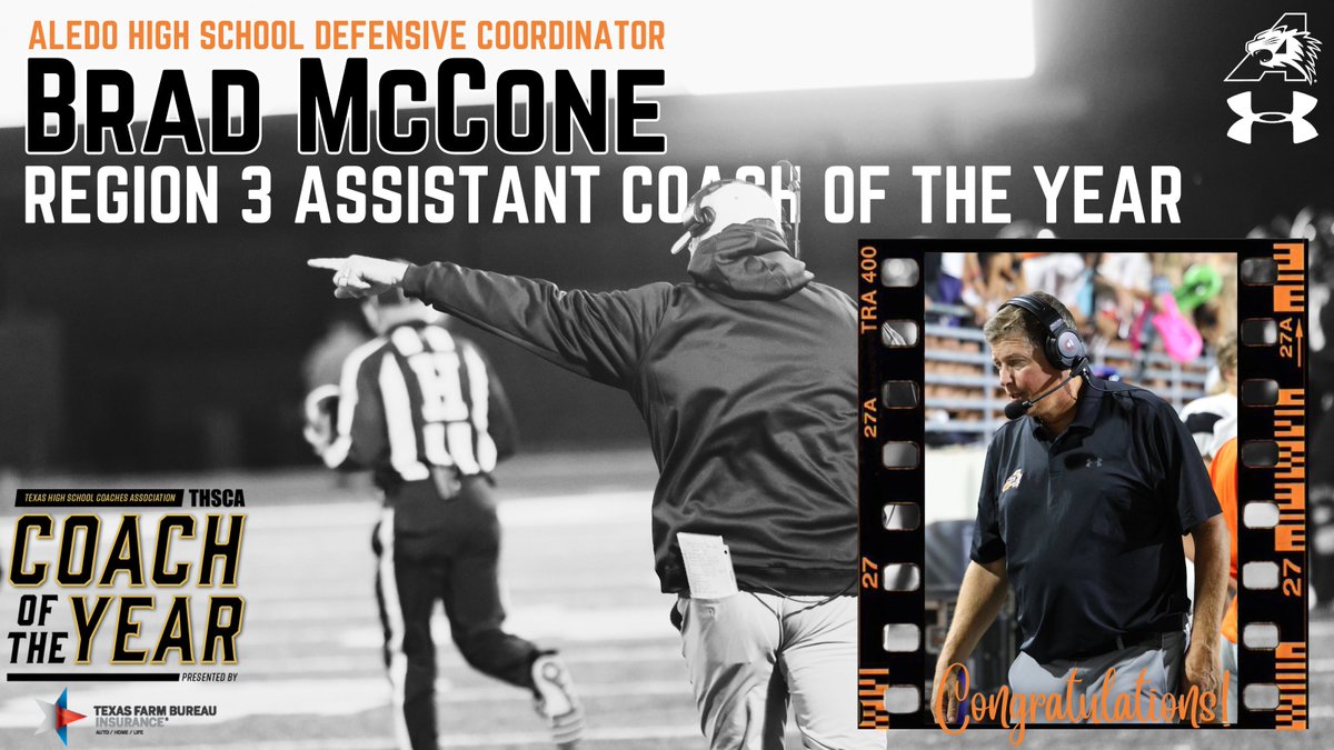 Congratulations to Bearcat football assistant head coach and defensive coordinator Brad McCone on this well-deserved honor of being named Region 3 Coach of the year by the @THSCAcoaches! #miabd #ptt #allinaledo @AledoAthletics @coachbbelk