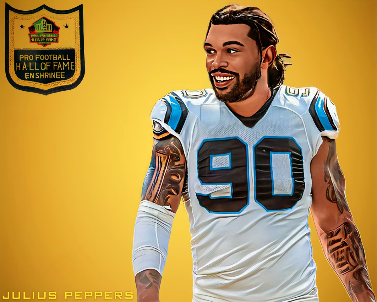 Julius Peppers dominated in the colors of the @Panthers, @ChicagoBears and @packers. On his new team at the Pro Football Hall of Fame, he'll wear Gold. @HaggarCo | #PFHOF24