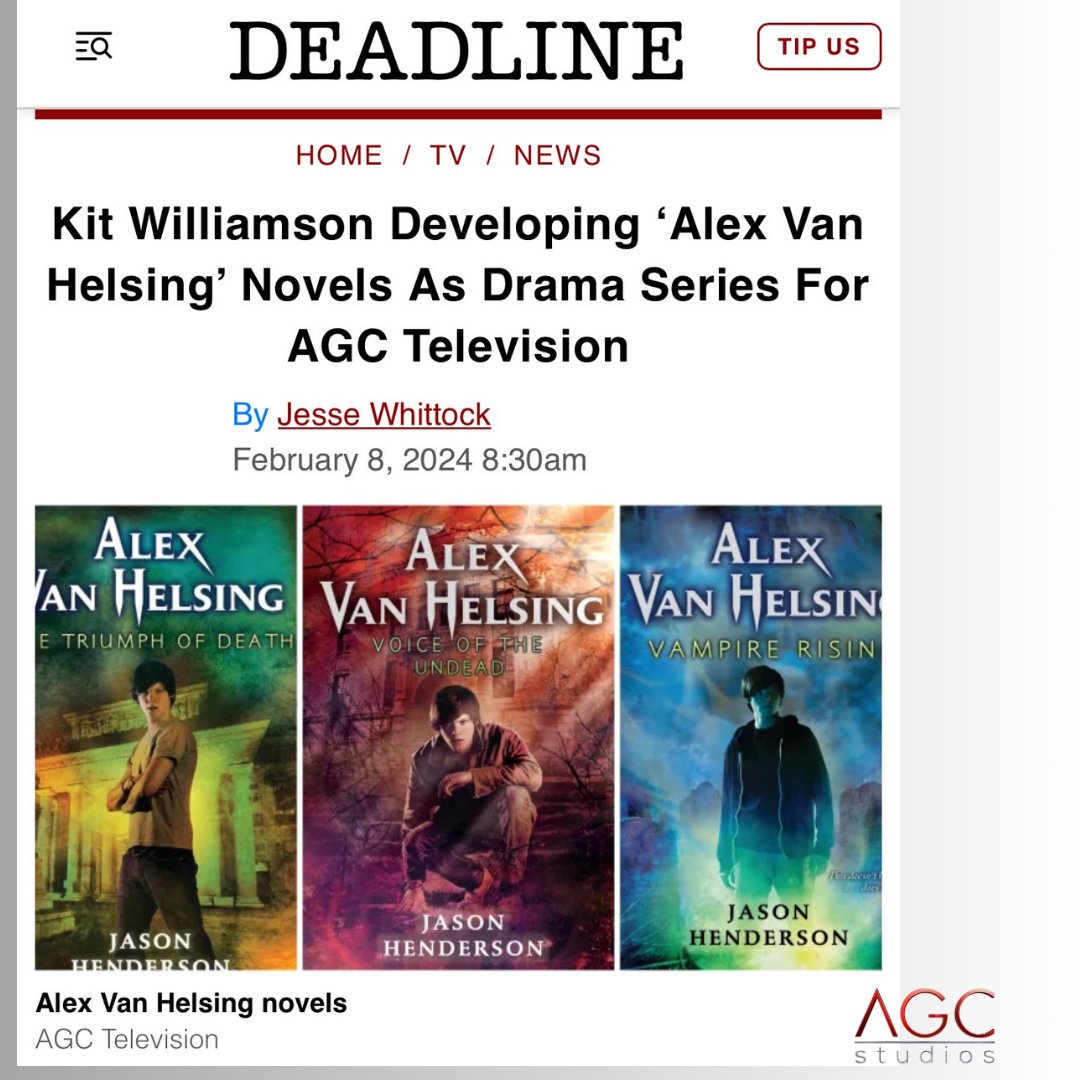More big news from our AGC Television team- announcing another great addition to our upcoming kids &amp; family slate-development of a series based on Jason Henderson’s hot YA vampire trilogy ALEX VAN HELSING, w/ Kit Williamson adapting 
Story- bit.ly/3SSED5m  #AGCtelevision