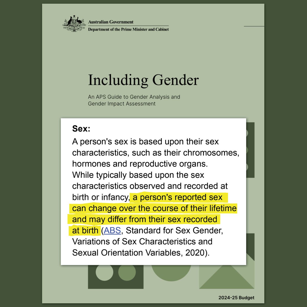 SenatorClaire's tweet photo. The Australian Government's gender guide for the public service is promoting the pseudoscience that a person's sex "can change over the course of their lifetime".

https://t.co/RaGq464z2N https://t.co/yxrDCWmlWf