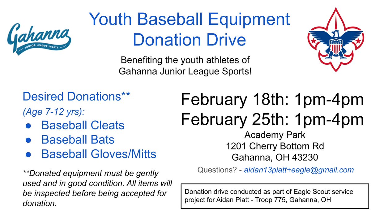 AidanPiatt13's tweet image. Do you have used, good condition baseball equipment for youth athletes aged 7-12yo?  I'm collecting equipment as part of a service project required for me to earn #EagleScout #GiveBack 

@GahannaBaseball @MW_Marlins_Nat @GLHS_Athletics @OEBbaseball @boyscouts @FairfieldMarlin